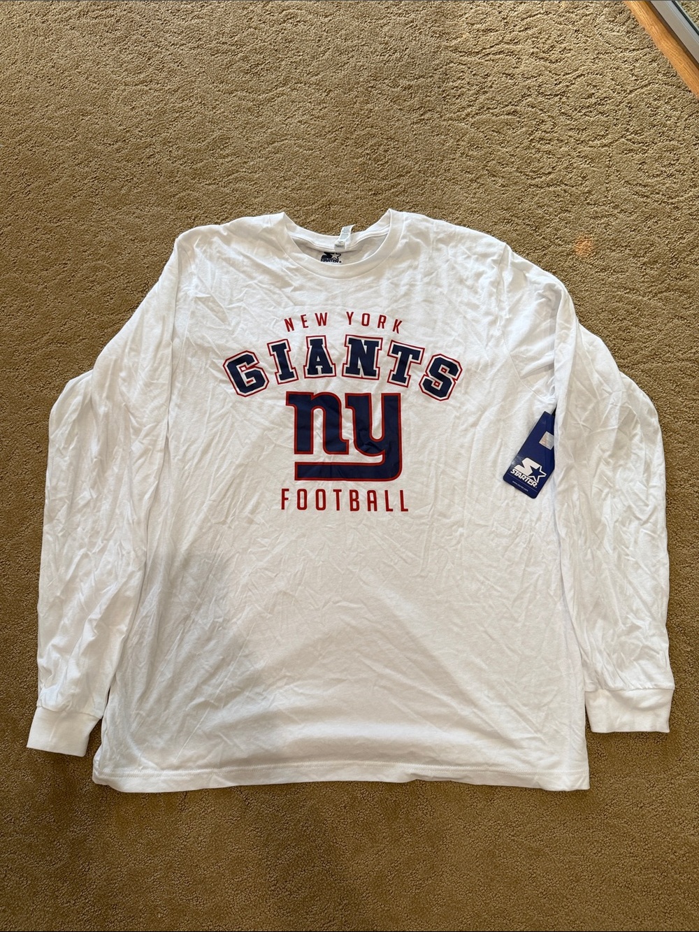 STARTER New York Giants White Long-Sleeve Football Tee with Blue & Red Logos
